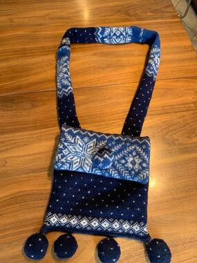 Blue Nordic Knit Crossbody Bag with Pom Pom Accents, handcrafted, one of a kind